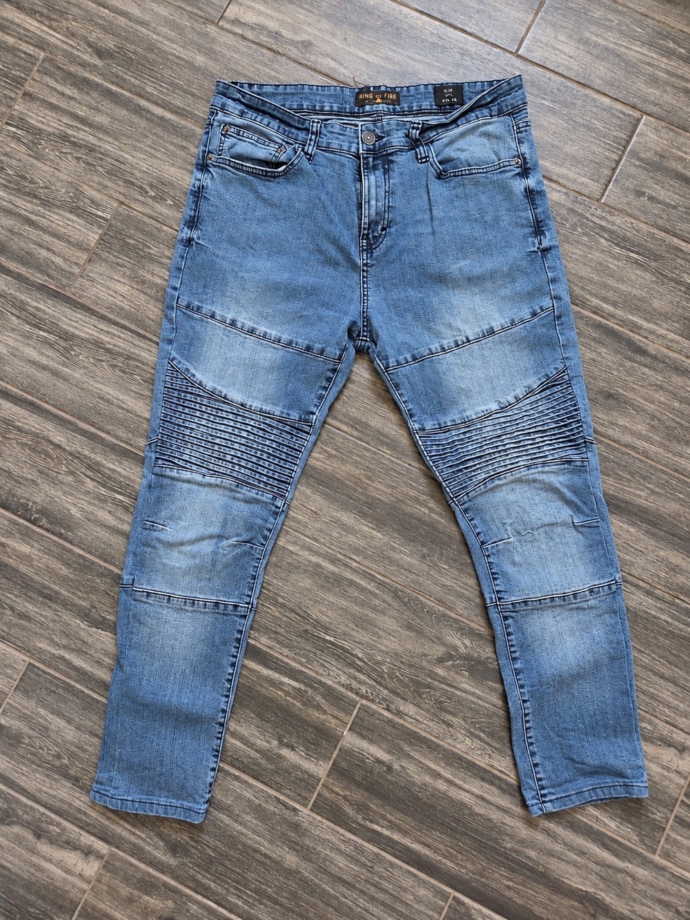 Ring of Fire Men’s W34 L30 Slim Fit Blue Moto Biker Jeans Ribbed Knee